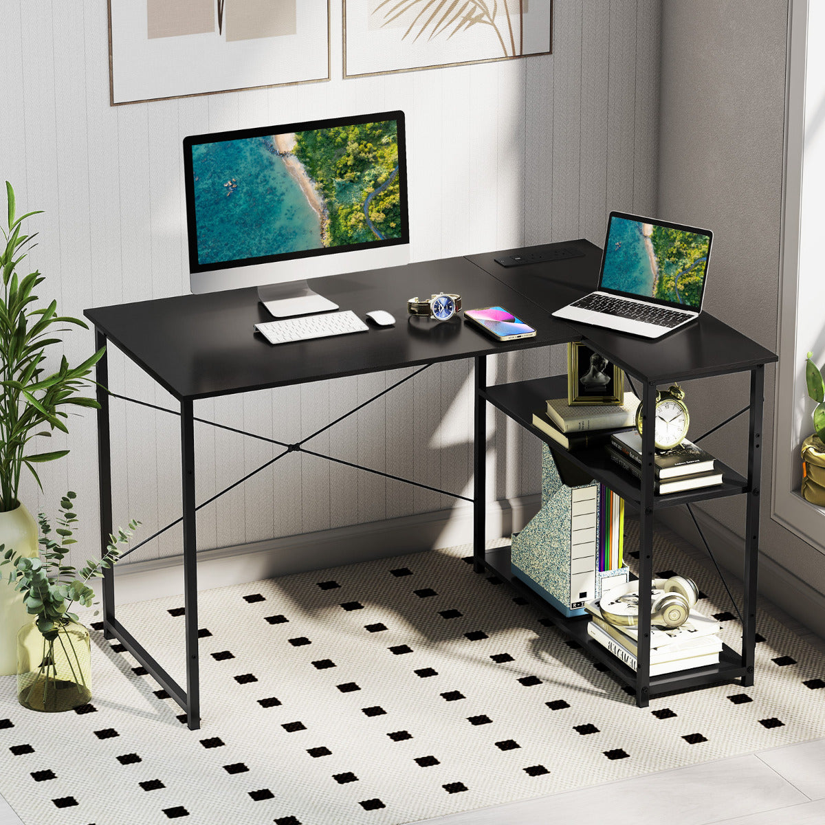 Home Office Computer Desk with Reversible Adjustable Storage Shelves-Black