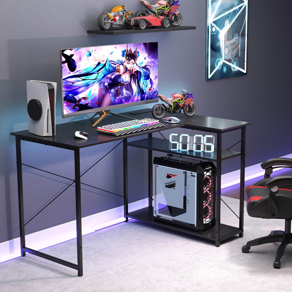 Home Office Computer Desk with Reversible Adjustable Storage Shelves-Black