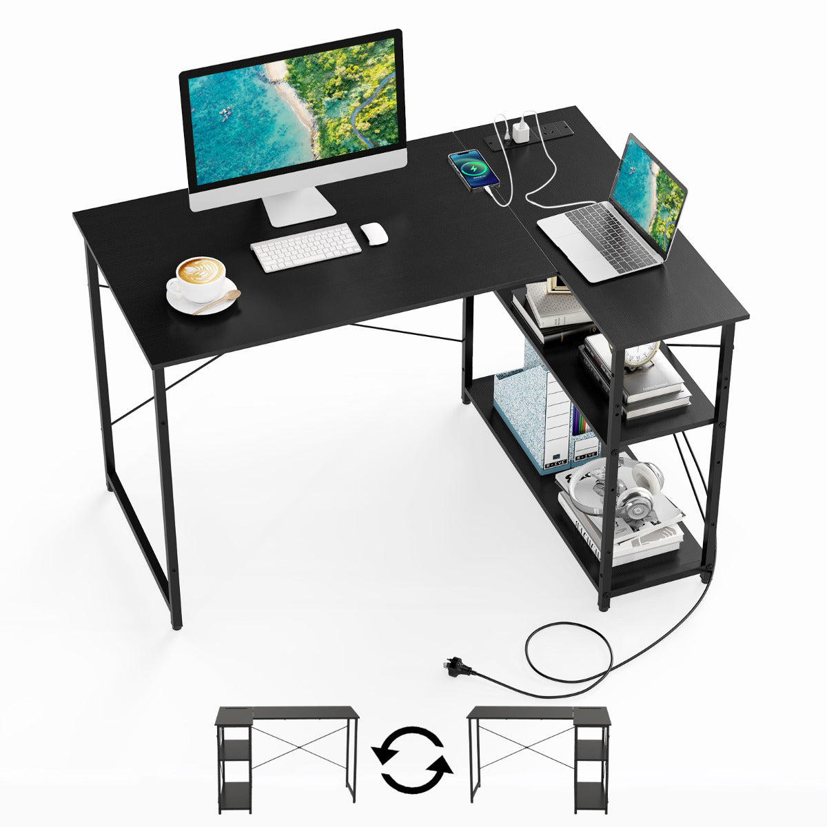 Home Office Computer Desk with Reversible Adjustable Storage Shelves-Black