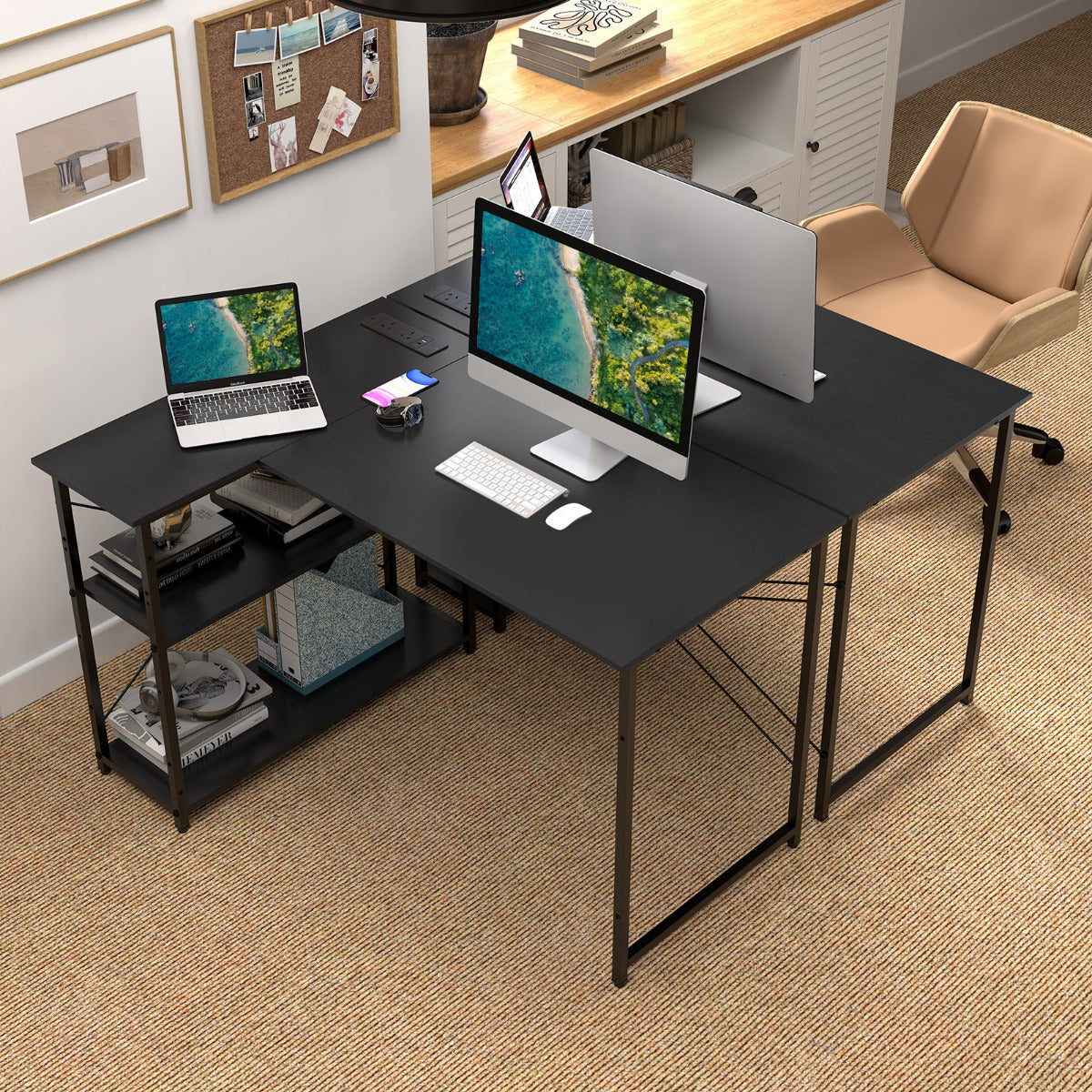 Home Office Computer Desk with Reversible Adjustable Storage Shelves-Black