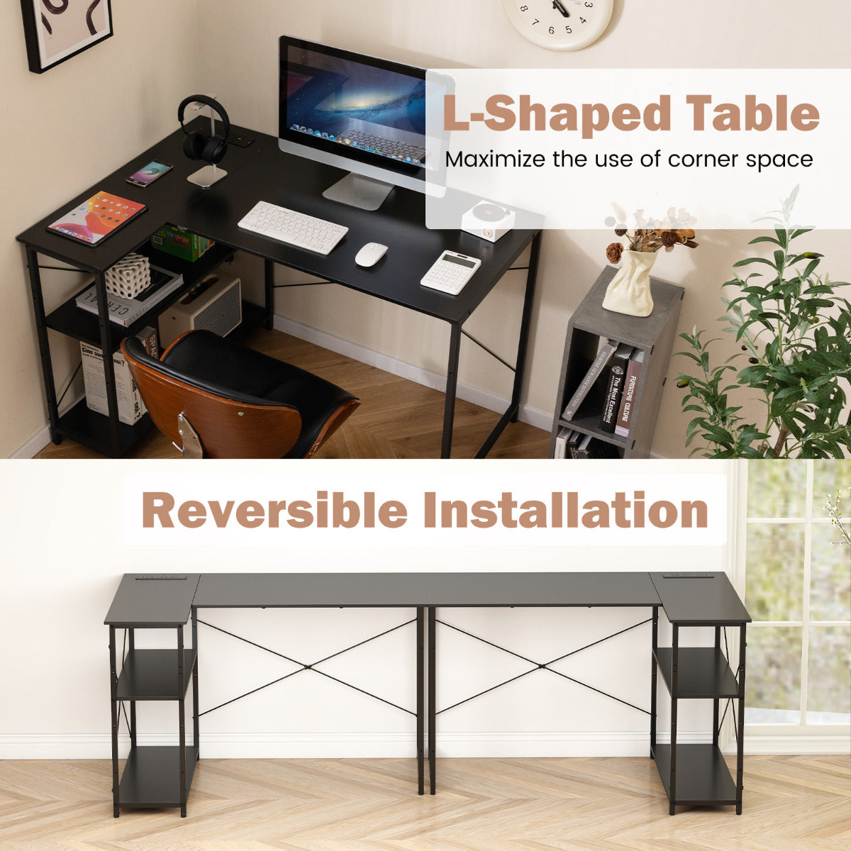 Home Office Computer Desk with Reversible Adjustable Storage Shelves-Black