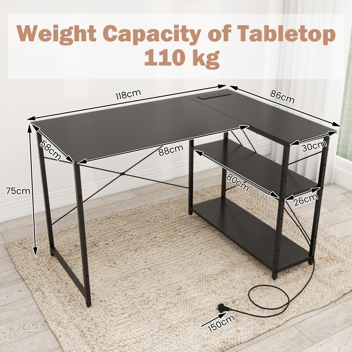 Home Office Computer Desk with Reversible Adjustable Storage Shelves-Black
