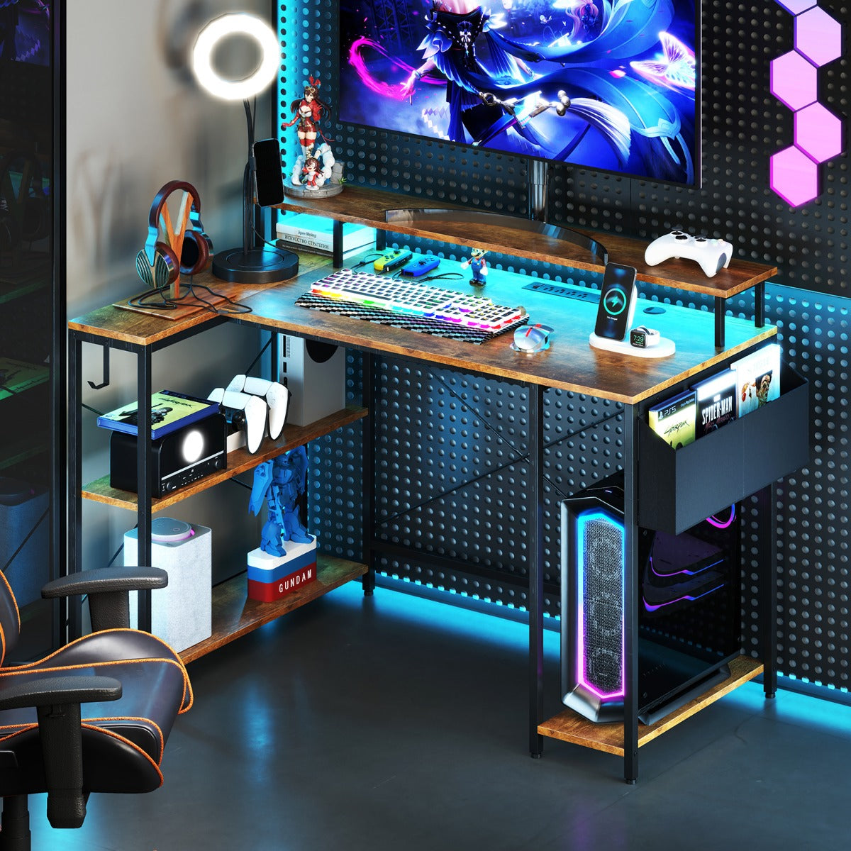 L-Shaped Gaming Desk with LED Lights and Power Outlets-Rustic Brown