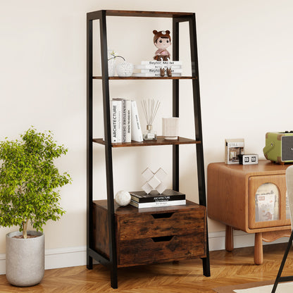 Ladder Bookshelf with 4 Open Shelves and 2 Drawers-Rustic Brown