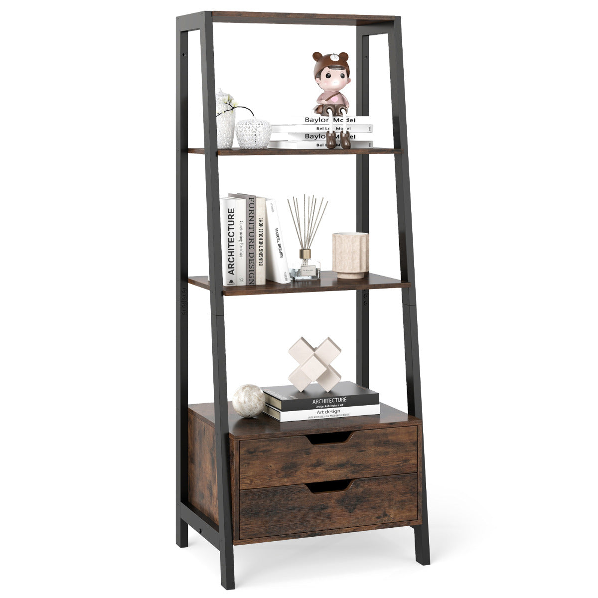 Ladder Bookshelf with 4 Open Shelves and 2 Drawers-Rustic Brown