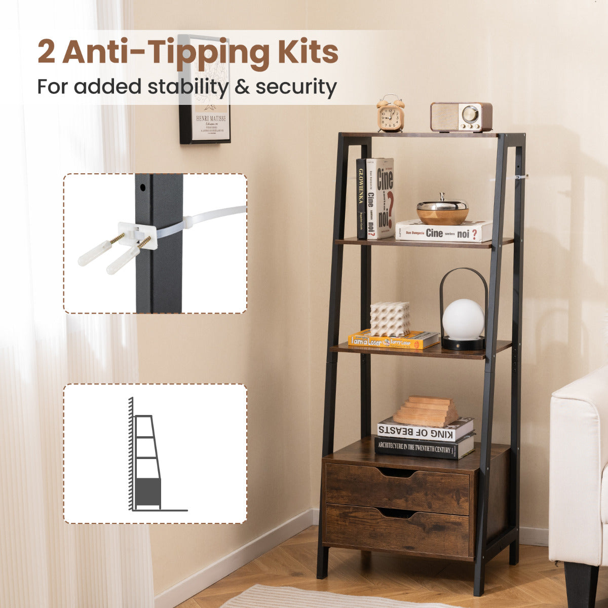 Ladder Bookshelf with 4 Open Shelves and 2 Drawers-Rustic Brown