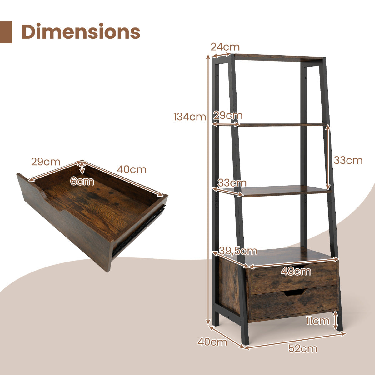 Ladder Bookshelf with 4 Open Shelves and 2 Drawers-Rustic Brown
