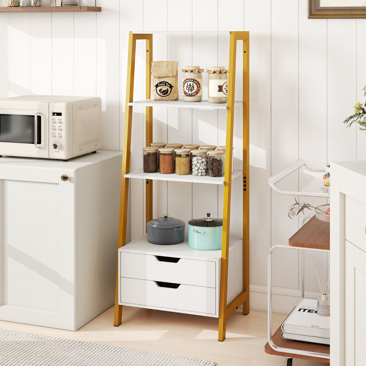 Ladder Bookshelf with 4 Open Shelves and 2 Drawers-White