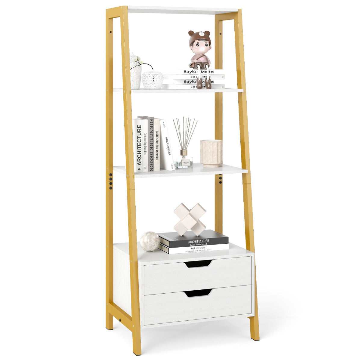 Ladder Bookshelf with 4 Open Shelves and 2 Drawers-White