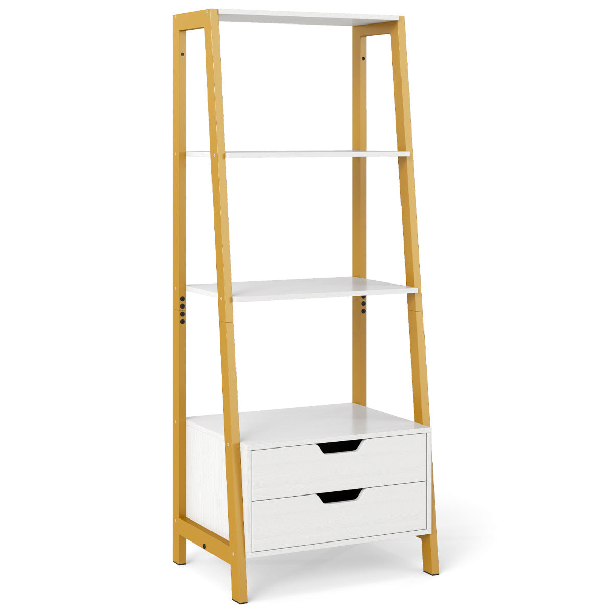 Ladder Bookshelf with 4 Open Shelves and 2 Drawers-White