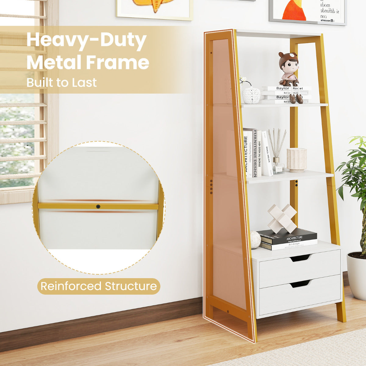 Ladder Bookshelf with 4 Open Shelves and 2 Drawers-White