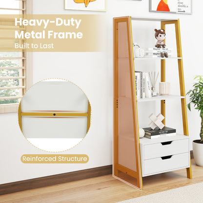 Ladder Bookshelf with 4 Open Shelves and 2 Drawers-White