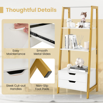 Ladder Bookshelf with 4 Open Shelves and 2 Drawers-White