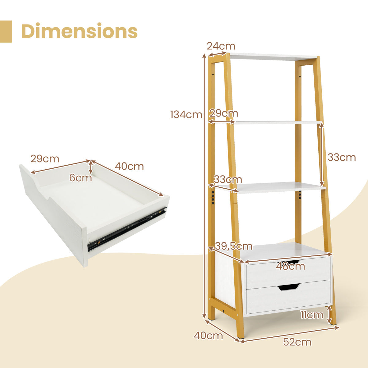 Ladder Bookshelf with 4 Open Shelves and 2 Drawers-White
