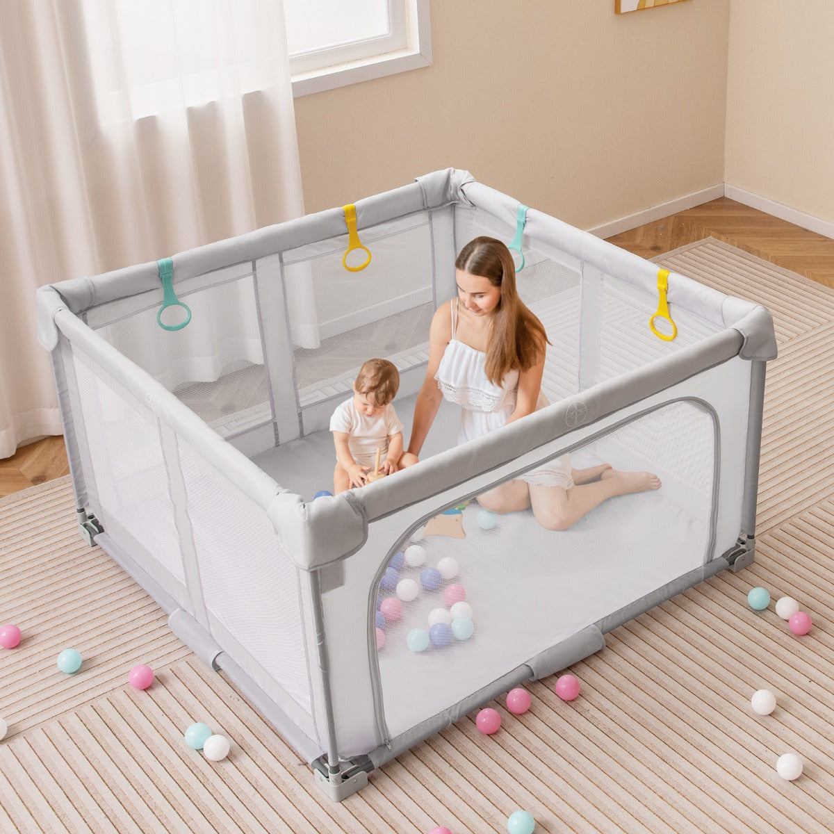 127cm x 127cm Large Baby Playpen with Zipper Gate-Grey