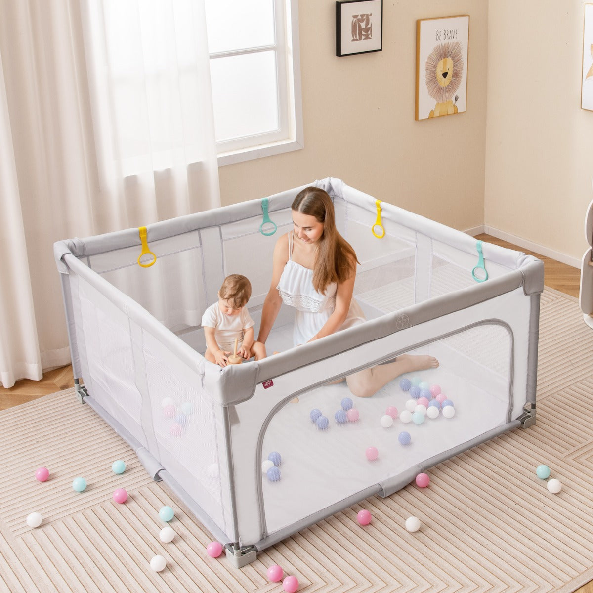 150cm x 150cm Large Baby Playpen with Zipper Gate-Grey