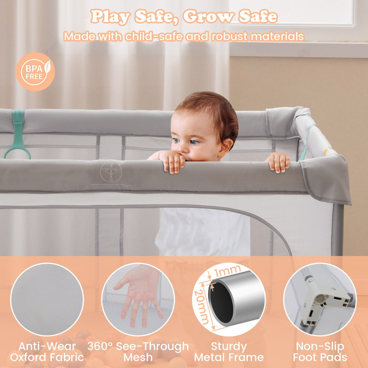 127cm x 127cm Large Baby Playpen with Zipper Gate-Grey