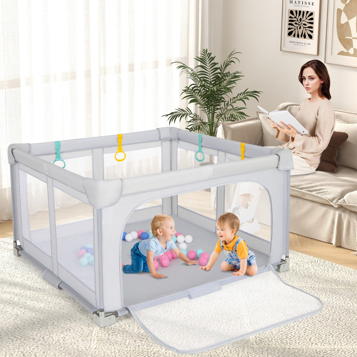 127cm x 127cm Large Baby Playpen with Zipper Gate-Grey