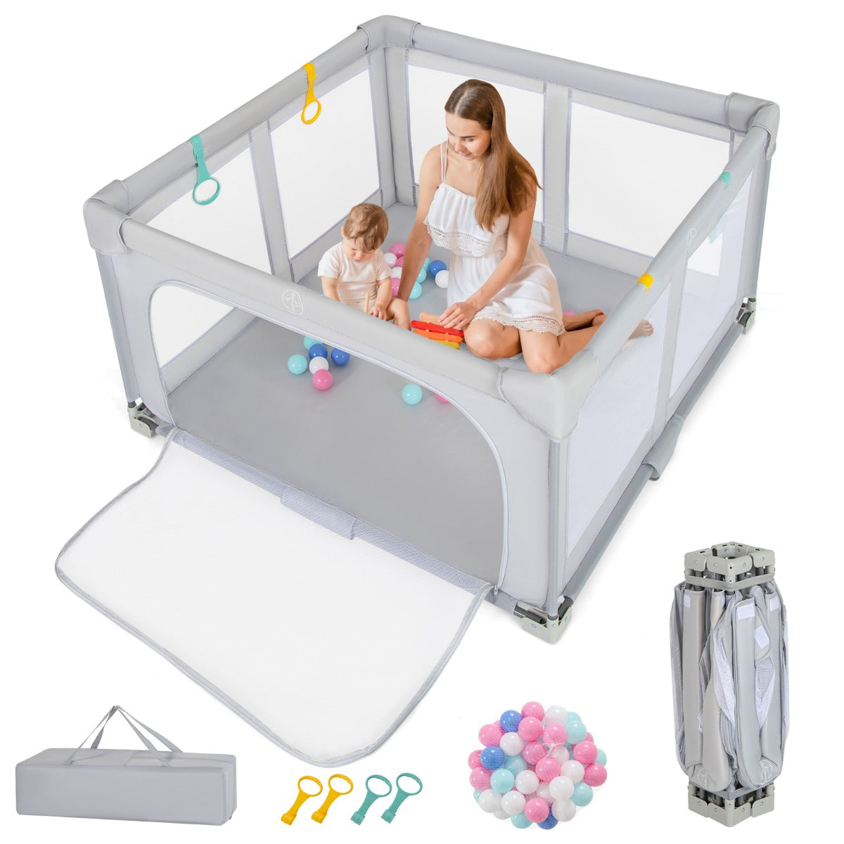 127cm x 127cm Large Baby Playpen with Zipper Gate-Grey