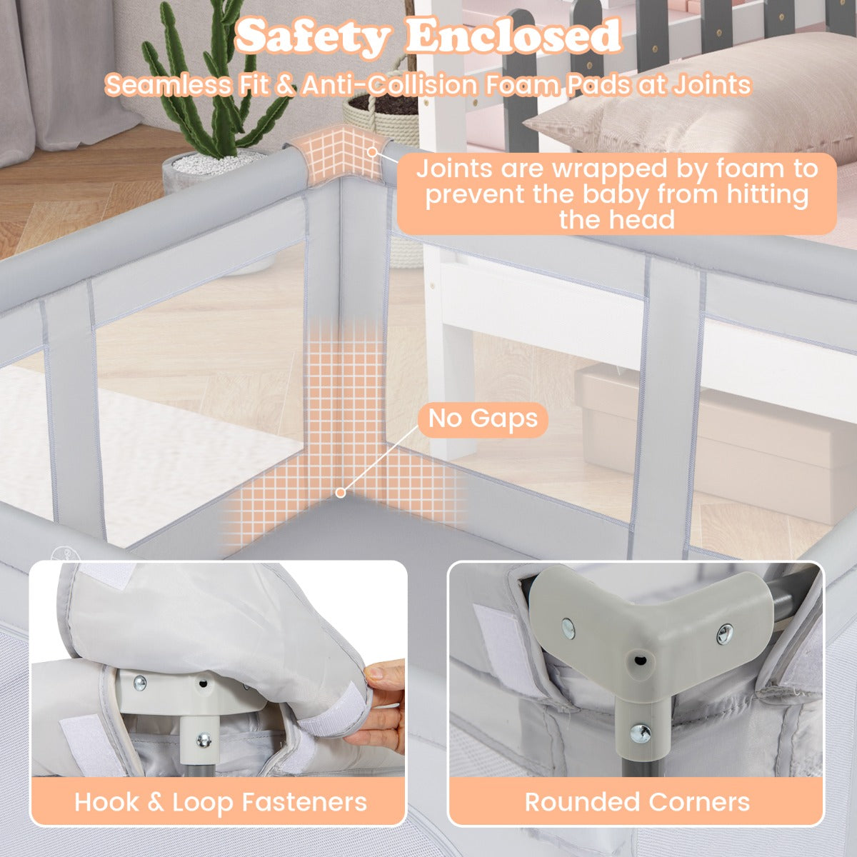 127cm x 127cm Large Baby Playpen with Zipper Gate-Grey