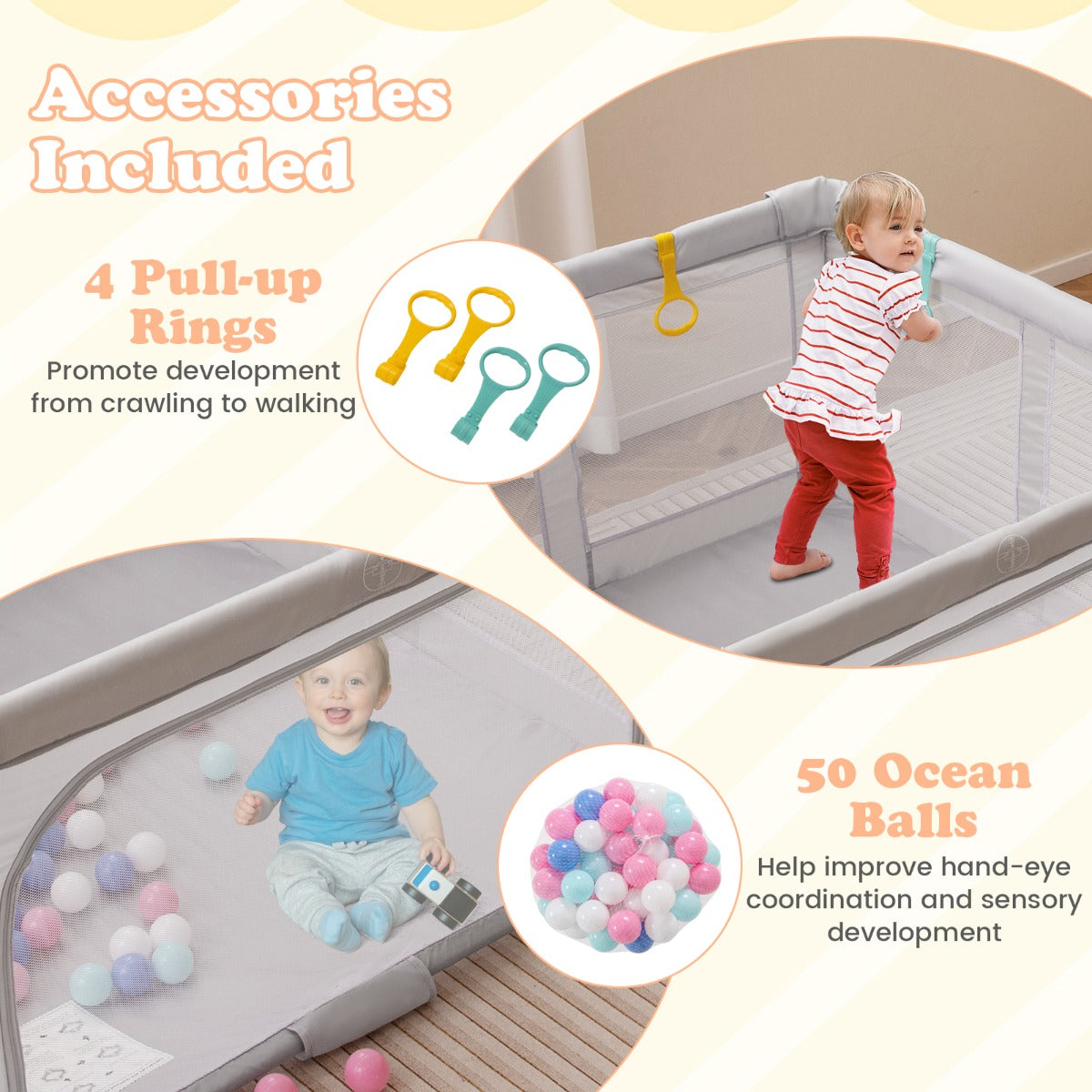 150cm x 150cm Large Baby Playpen with Zipper Gate-Grey