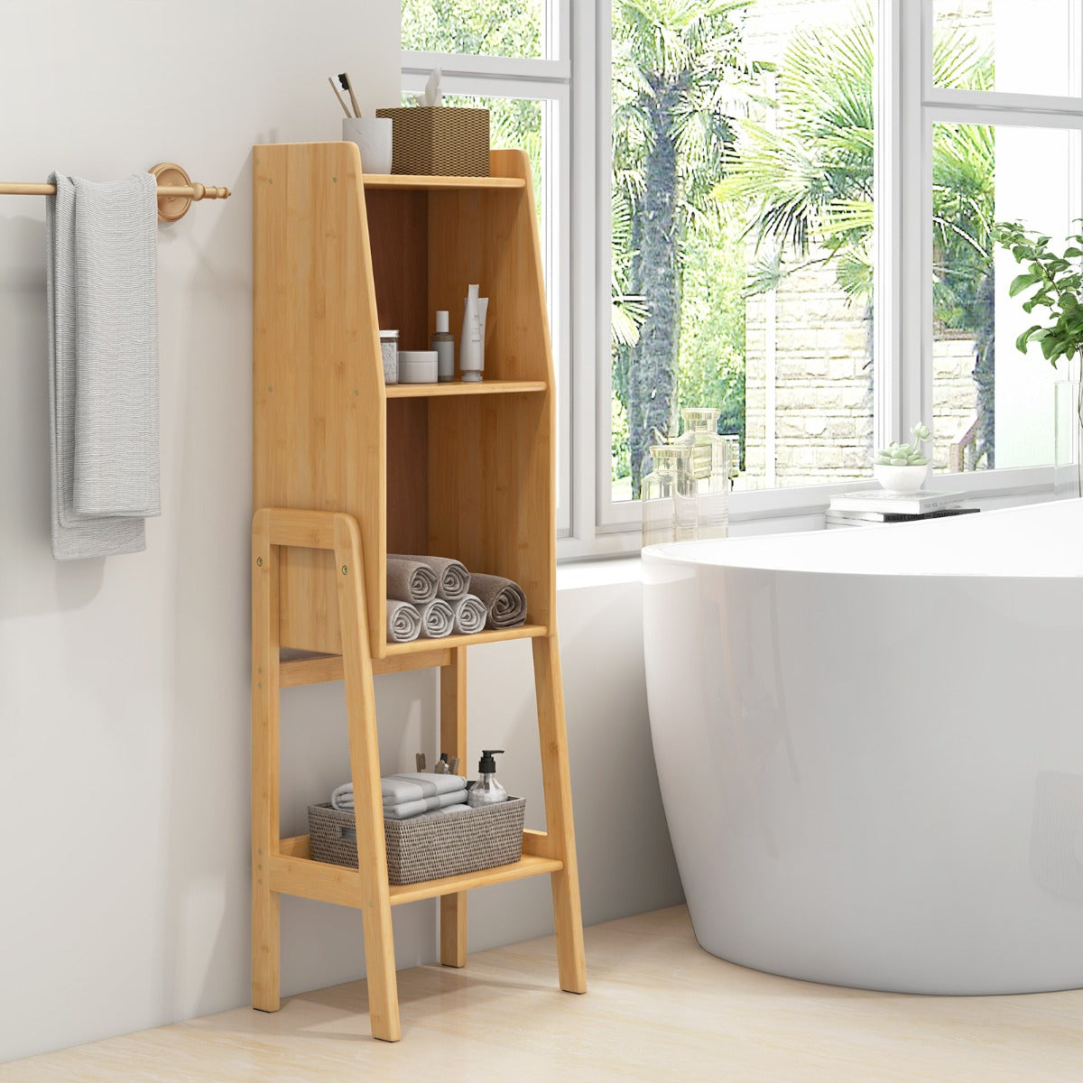 Versatile bamboo shelf fits beautifully in living rooms, bedrooms, playrooms, kitchens, or offices