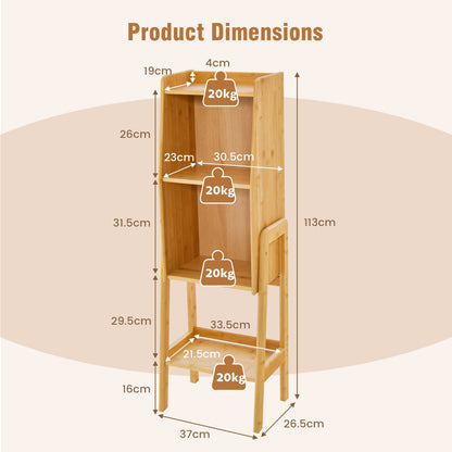 Natural bamboo bookshelf with stable A-shaped frame, three tiers, and elegant durable construction
