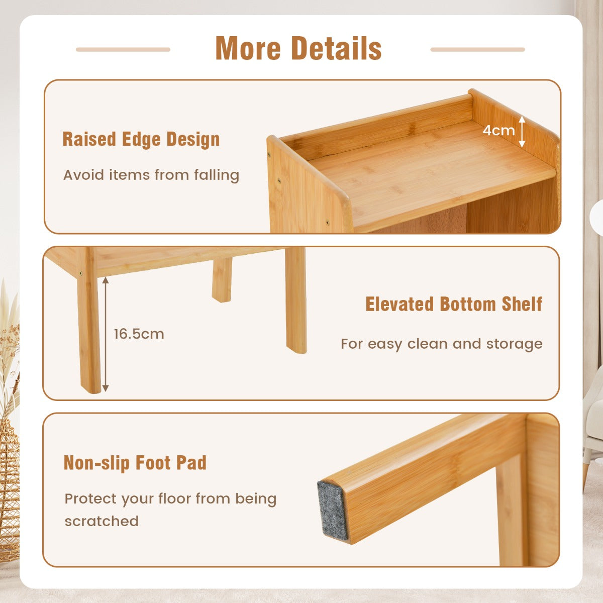 Straightforward assembly instructions make this stylish bamboo bookshelf quick and convenient to set up