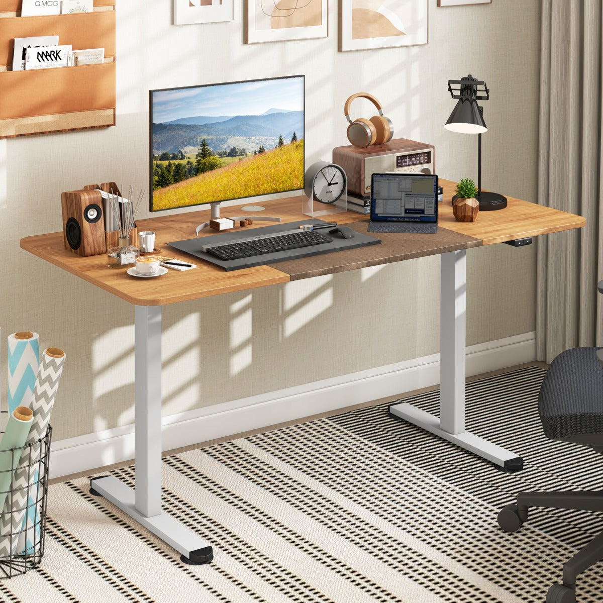 Large Electric Standing Desk with Button Controller for Office-Beige