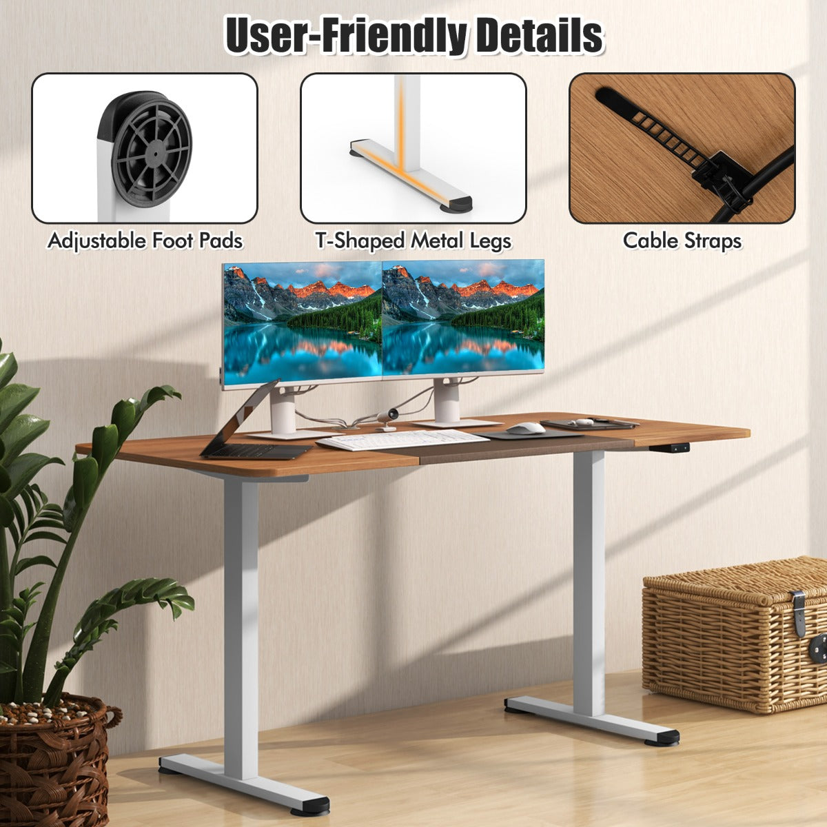 Large Electric Standing Desk with Button Controller for Office-Beige