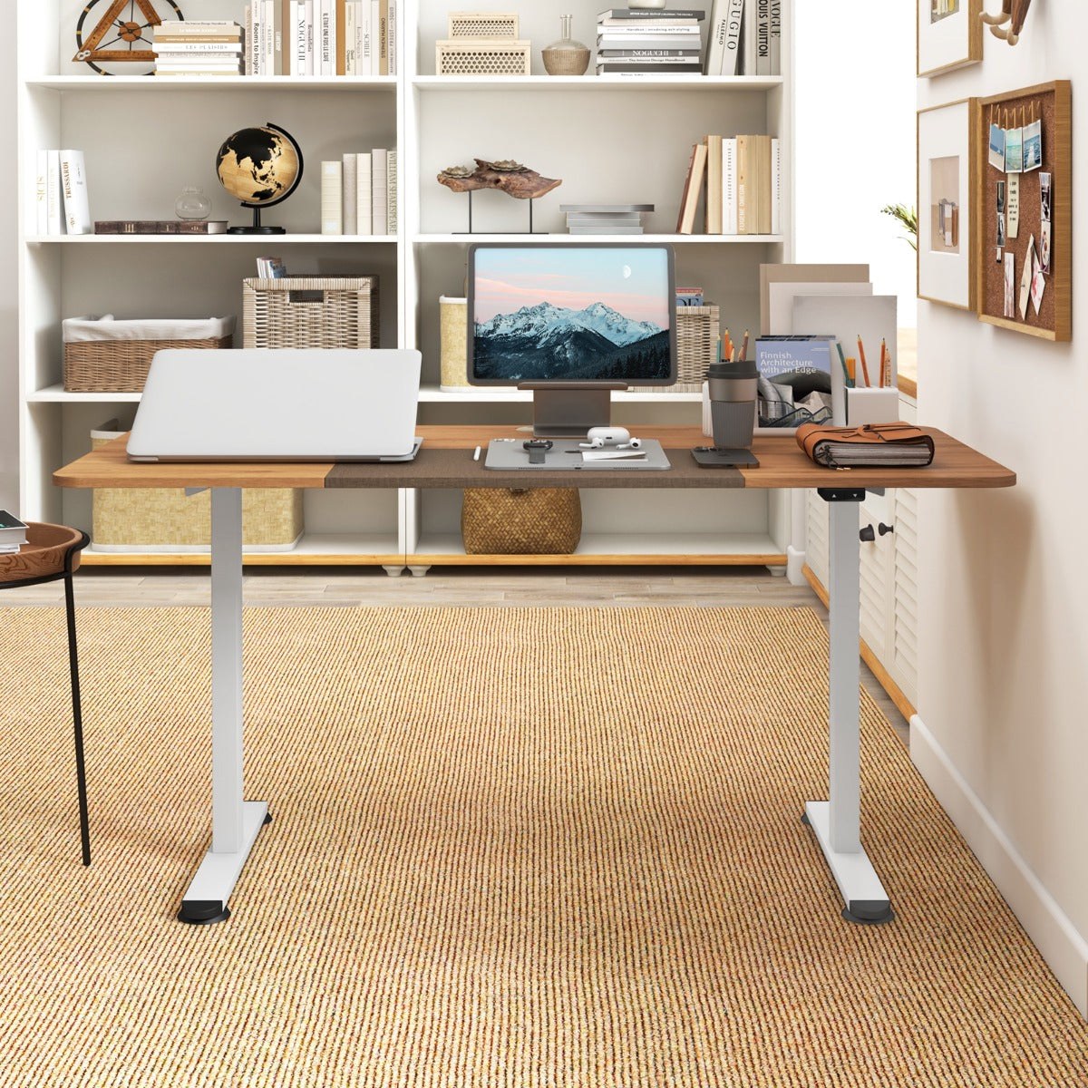Large Electric Standing Desk with Button Controller for Office-Beige