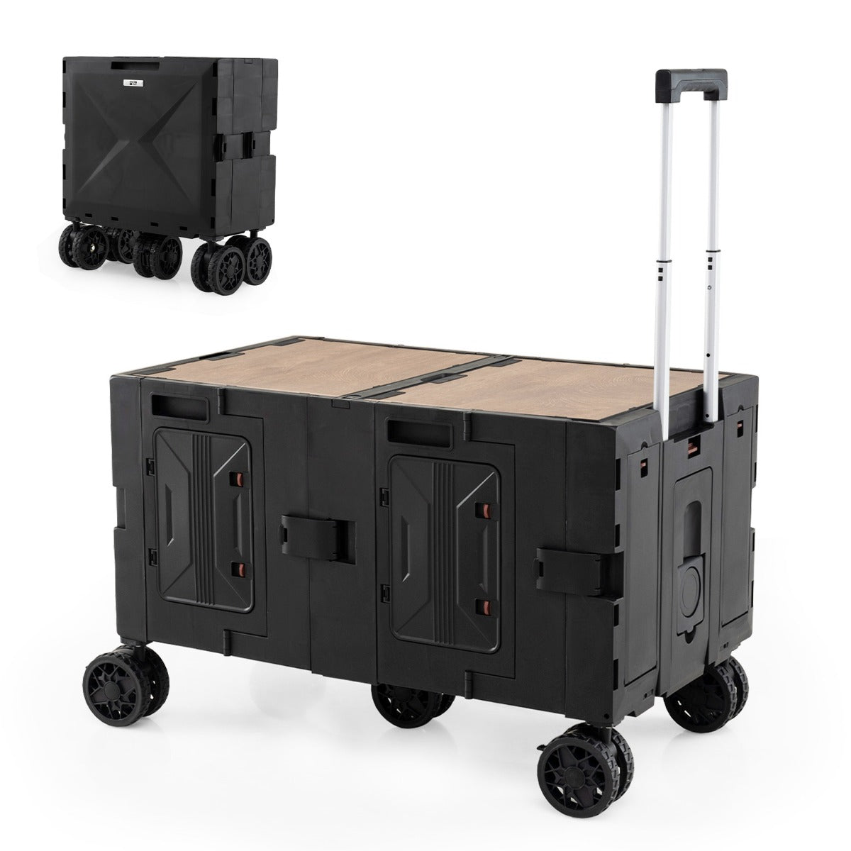 Large Foldable Utility Cart with Storage Crates Rotate Wheels Metal Telescoping Handle-Black