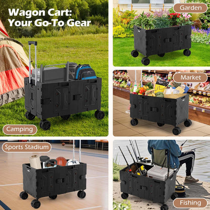 Large Foldable Utility Cart with Storage Crates Rotate Wheels Metal Telescoping Handle-Black