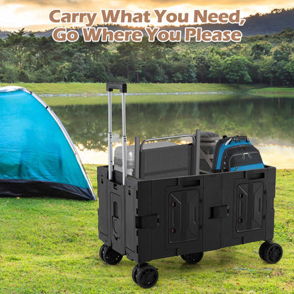 Large Foldable Utility Cart with Storage Crates Rotate Wheels Metal Telescoping Handle-Black