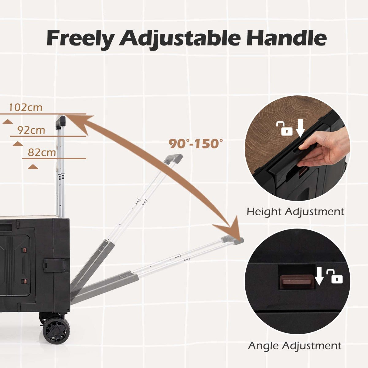 Large Foldable Utility Cart with Storage Crates Rotate Wheels Metal Telescoping Handle-Black