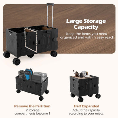 Large Foldable Utility Cart with Storage Crates Rotate Wheels Metal Telescoping Handle-Black