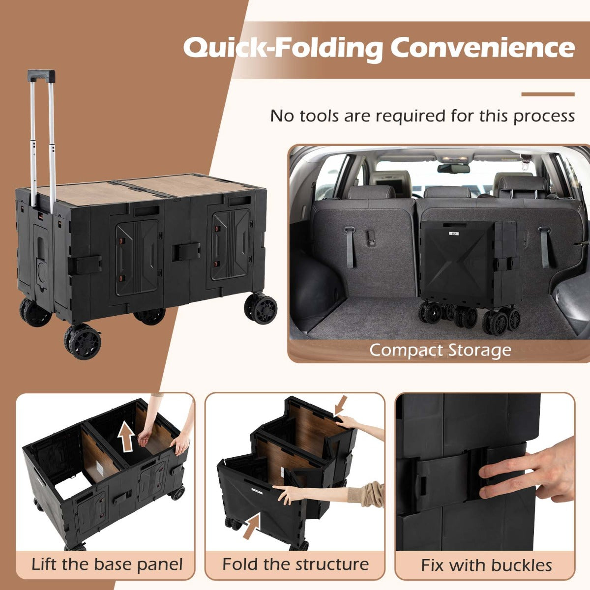 Large Foldable Utility Cart with Storage Crates Rotate Wheels Metal Telescoping Handle-Black