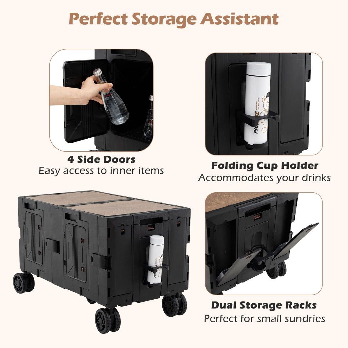 Large Foldable Utility Cart with Storage Crates Rotate Wheels Metal Telescoping Handle-Black