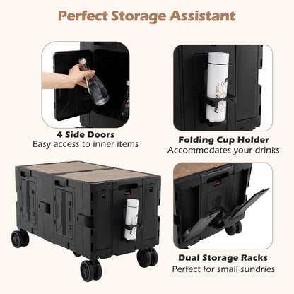 Large Foldable Utility Cart with Storage Crates Rotate Wheels Metal Telescoping Handle-Black