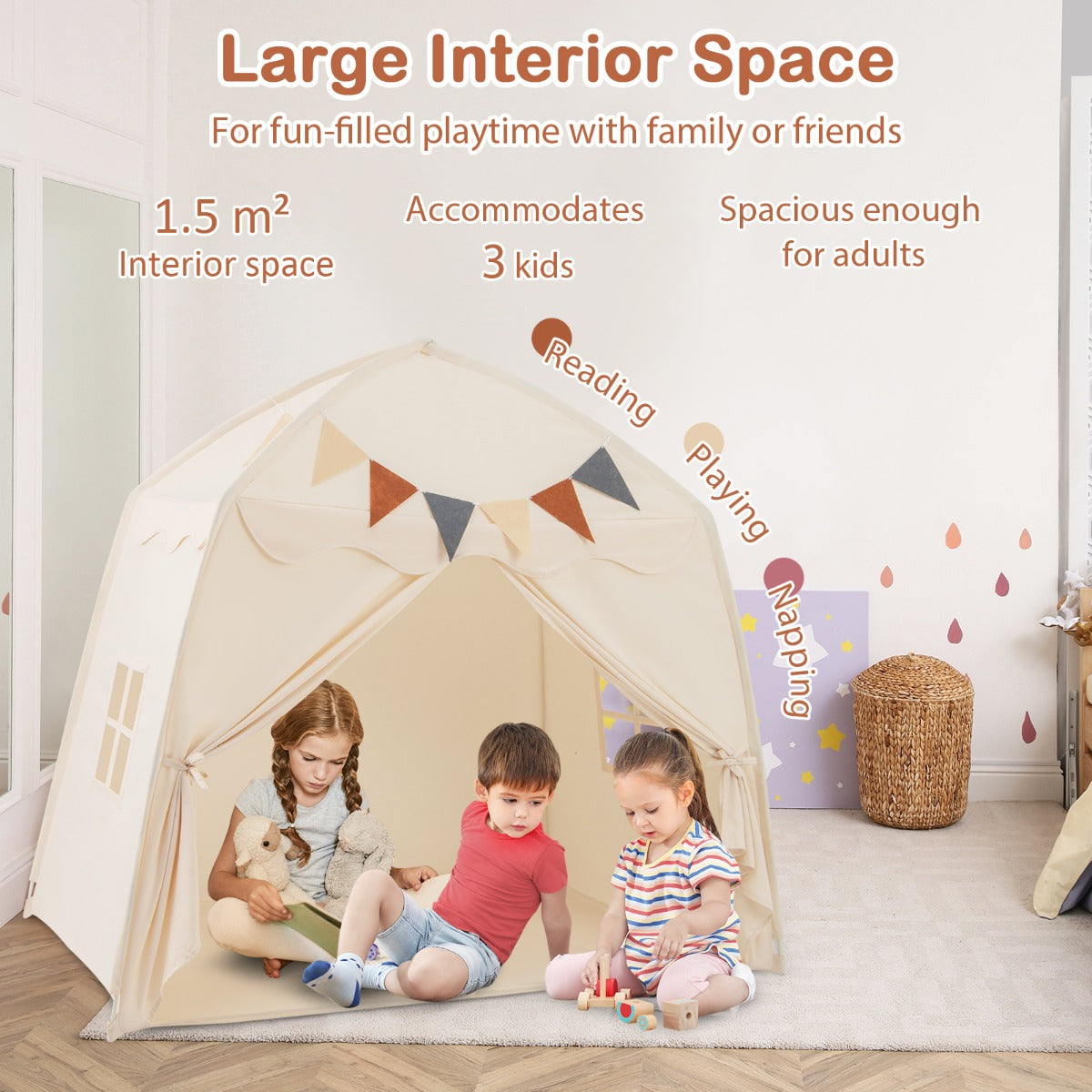 Large Kids Tent with Bright Lights and Flags for Aged 3 + Years Old-Beige
