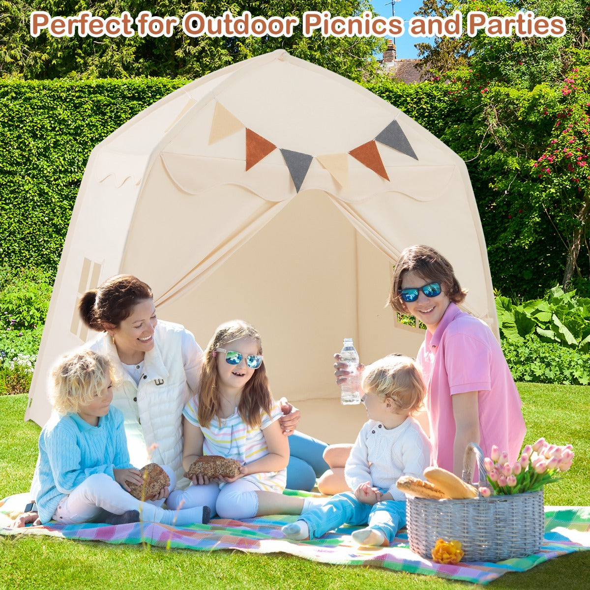 Large Kids Tent with Bright Lights and Flags for Aged 3 + Years Old-Beige