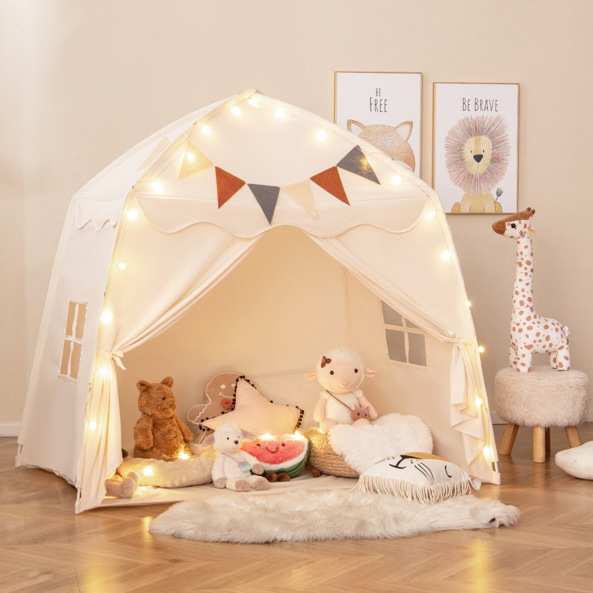 Large Kids Tent with Bright Lights and Flags for Aged 3 + Years Old-Beige