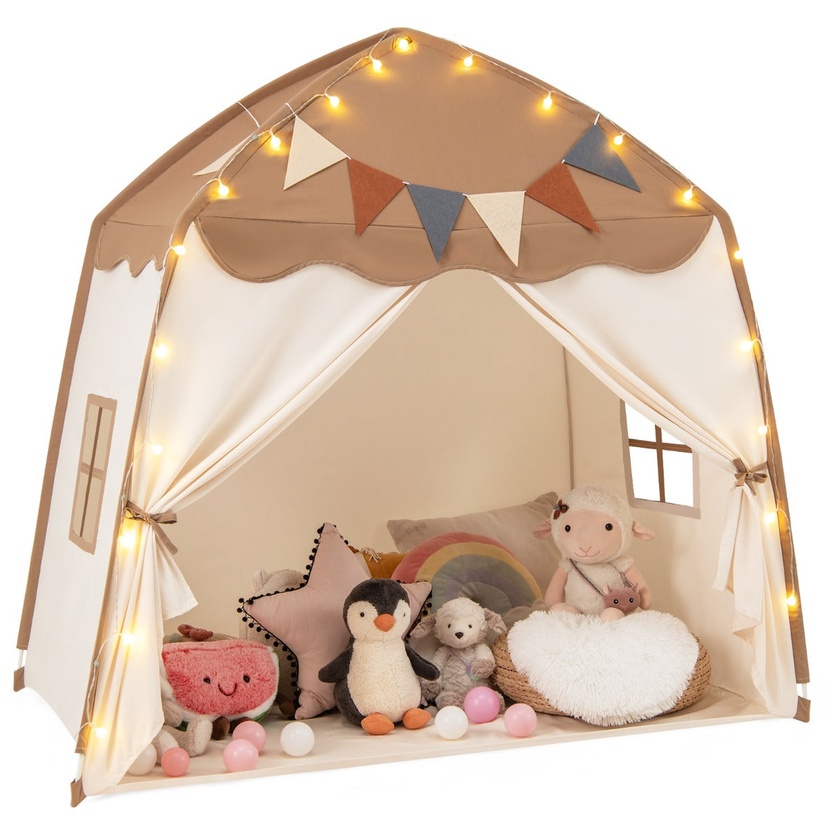 Large Kids Tent with Bright Lights and Flags for Aged 3 + Years Old-Coffee