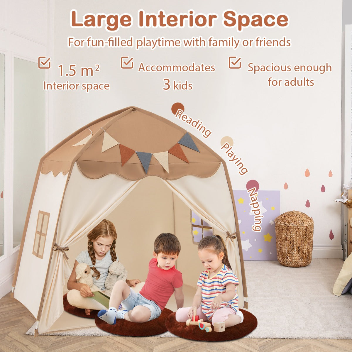 Large Kids Tent with Bright Lights and Flags for Aged 3 + Years Old-Coffee