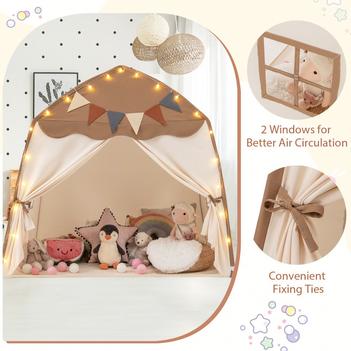Large Kids Tent with Bright Lights and Flags for Aged 3 + Years Old-Coffee