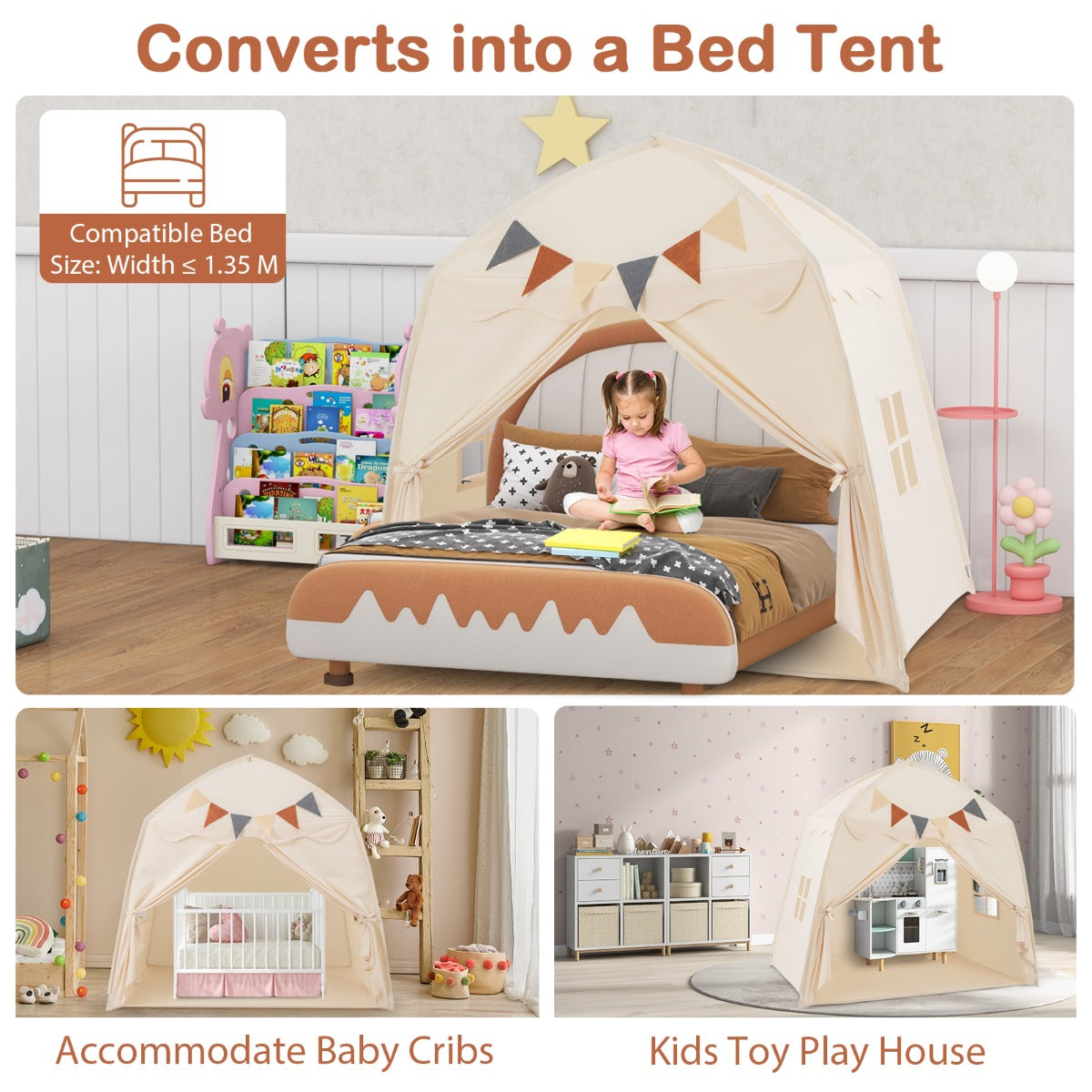 Large Kids Tent with Bright Lights and Flags for Aged 3 + Years Old-Beige