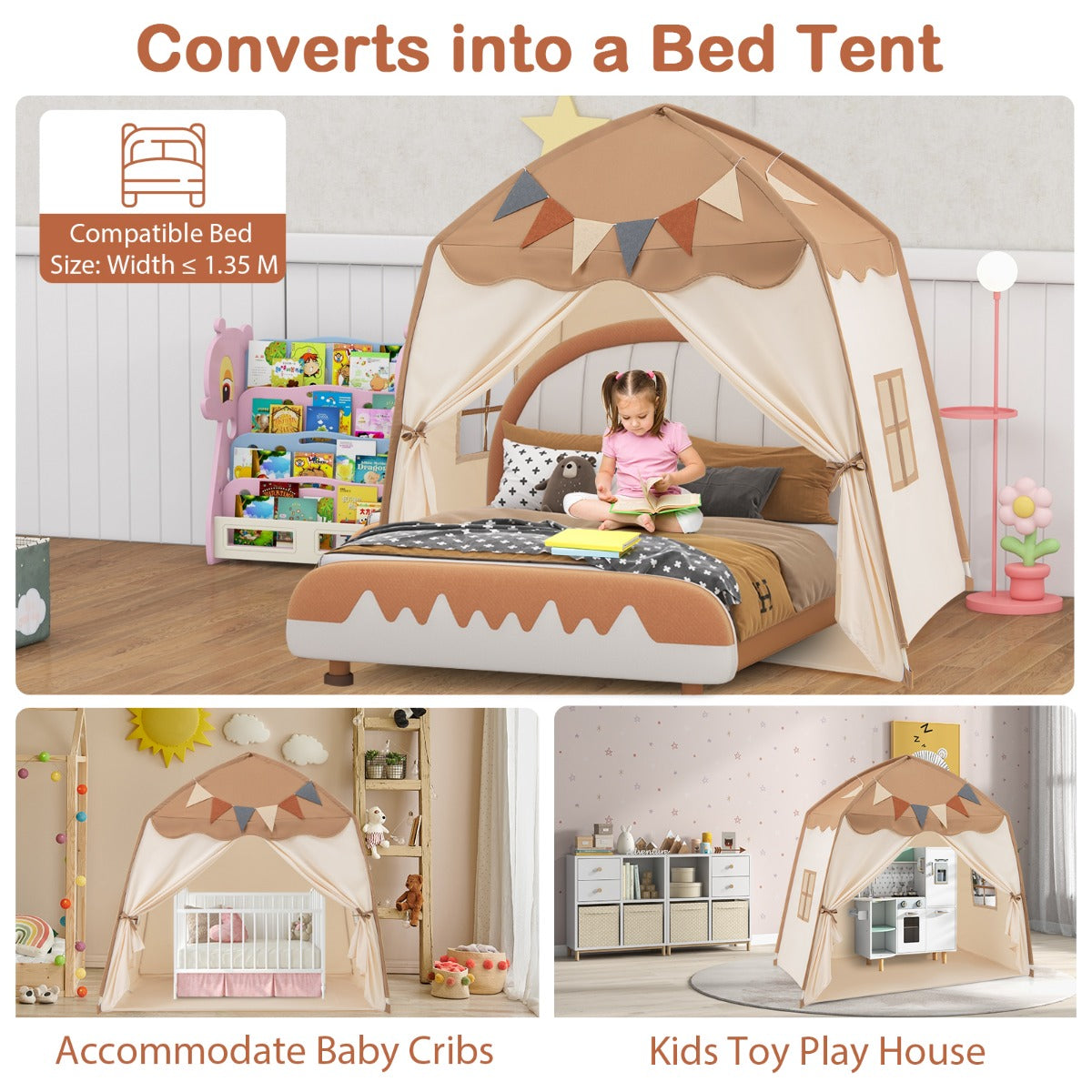 Large Kids Tent with Bright Lights and Flags for Aged 3 + Years Old-Coffee