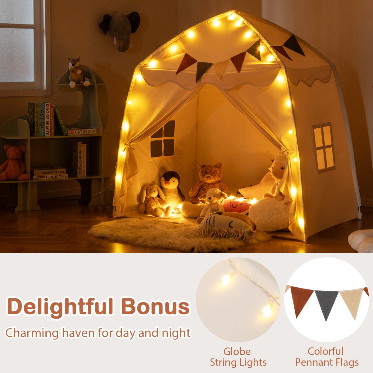 Large Kids Tent with Bright Lights and Flags for Aged 3 + Years Old-Beige