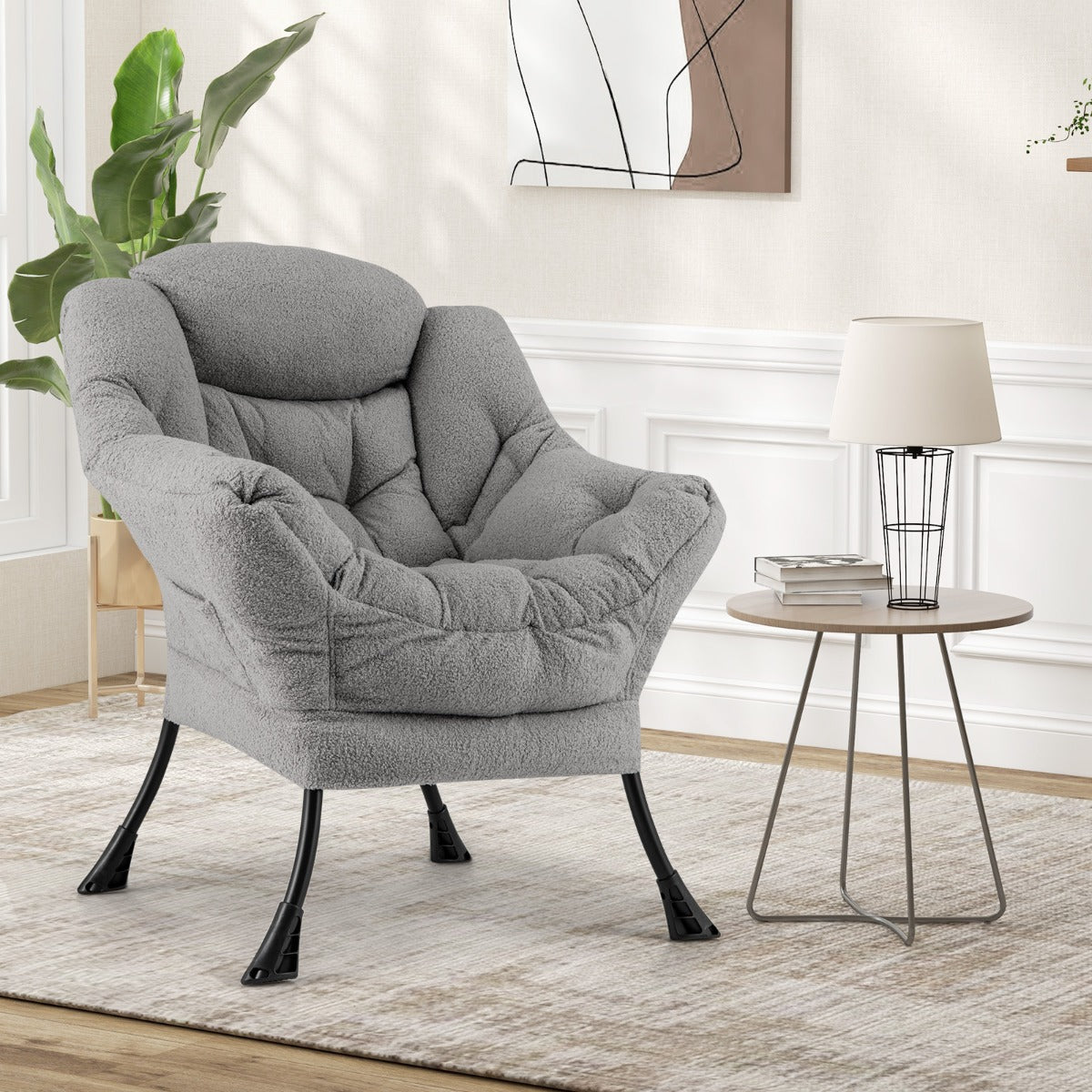 Large Lazy Chair with Cozy Head Pillow and Stylish Tufted Back-Grey
