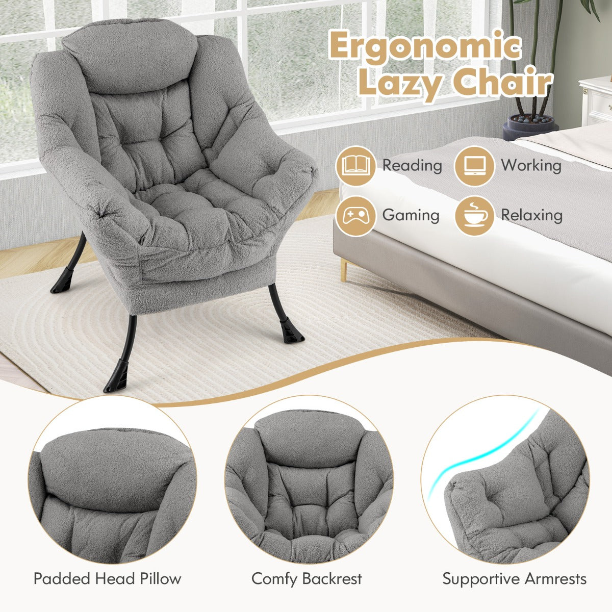 Large Lazy Chair with Cozy Head Pillow and Stylish Tufted Back-Grey